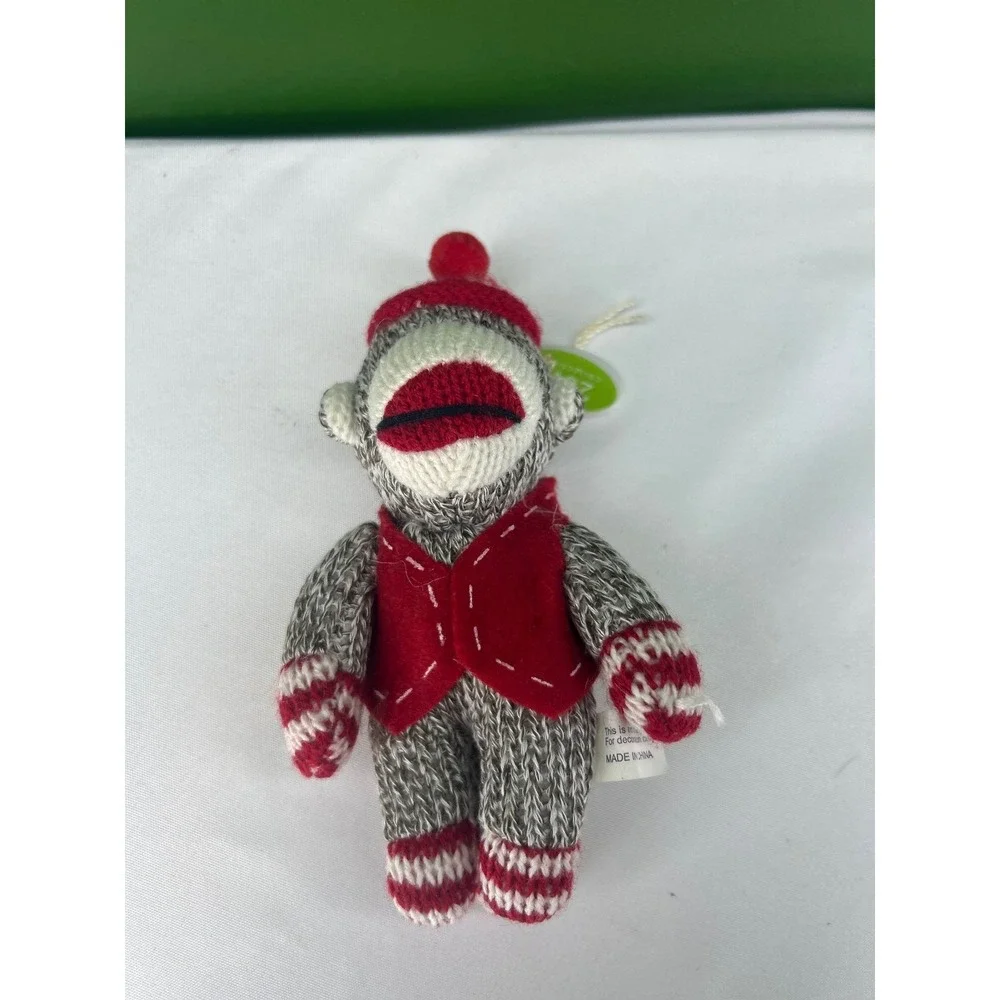 North Pole Trading Co 2011 Sock Monkey Christmas Ornament Red Vest Plush 5 Inch